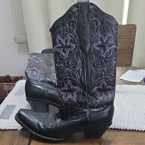 Chic Black and Purple Embroidered Women's Heeled Boots